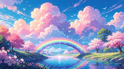 Fototapeta premium Colorful anime style illustration of magical rainbow bridge over peaceful river. Pink cherry blossom trees bloom along water banks under bright clouds. Fantasy landscape with vibrant pastel colors,