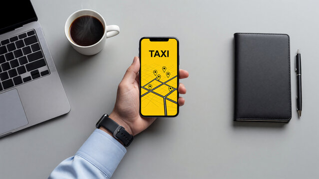 Man holding smartphone displaying taxi app on desk, ride hailing and convenient travel
