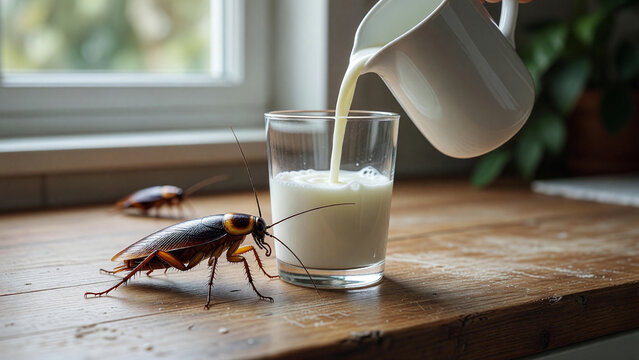 Cockroaches on kitchen counter next to milk being poured, pest control and contamination risk