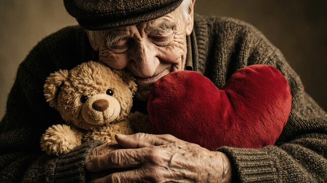 Elderly man hugs teddy bear and red heart gently. Old senior man with wrinkled face cherishes plush toy and symbol of love, reminiscing past memories. His eyes are closed.