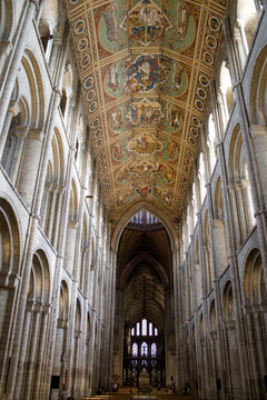 Grand Gothic Cathedral Nave With Ornate Painted Ceiling