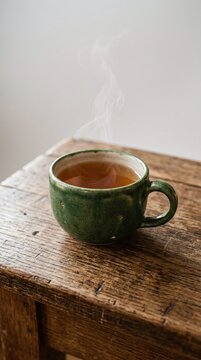 steaming tea in green ceramic mug on rustic wooden table, slow living and wellness concept