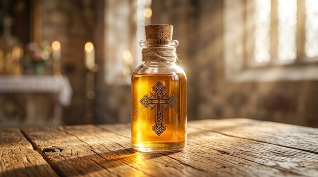 A small glass bottle containing sacred chrism oil featuring a holy cross emblem.
