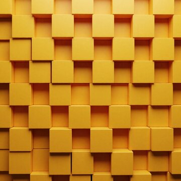 Textured surface of yellow cubes arranged in checkerboard pattern. Geometric relief creates abstract 3D background with depth and shadow play. Modern graphic backdrop.