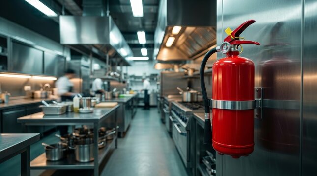 Professional cooking area with stainless steel equipment and firefighting readiness.
