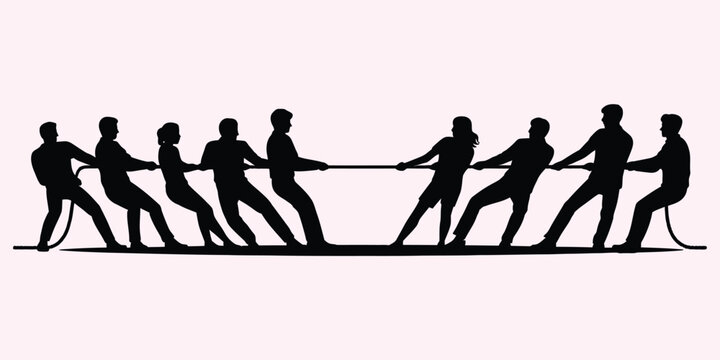 Two teams of people pulling a rope in a tug of war competition, black silhouette isolated on a light pinkish background, showing team effort