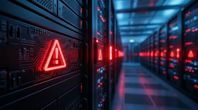 High-tech data center environment experiencing imminent data overload and red warning signals.