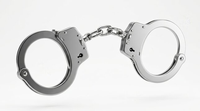A 3D rendering of silver metal handcuffs with a short connecting chain.