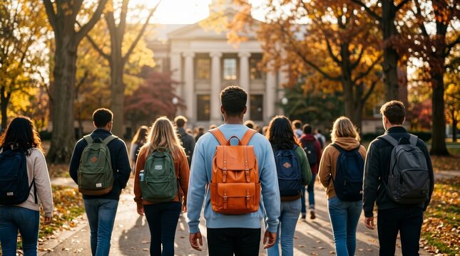 Many students carrying backpacks walk through a crowded college campus walkway.