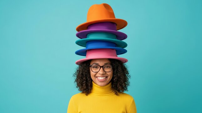 Concept of multiple roles and identities shown by a woman wearing many hats.