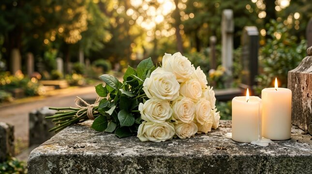 Floral arrangement of white roses and candles providing light in memory of a deceased person.