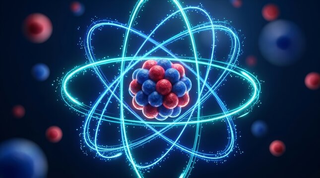 Atomic structure model featuring red and blue particles and luminous electron orbits.