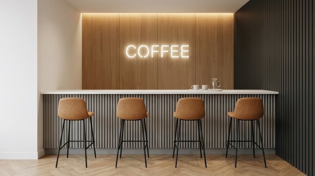 Minimalist cafe design featuring a wooden feature wall and tan bar stools.