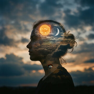 Surreal Double Exposure Of Woman's Head With Celestial Sky Overlay