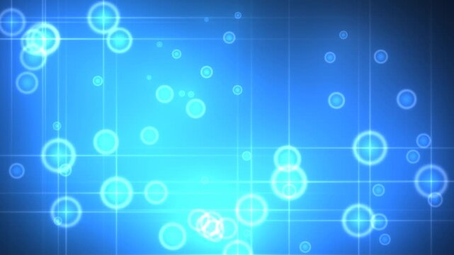 Glowing cyan circles and thin intersecting grid lines floating across a vibrant royal blue gradient background with bright light flares.