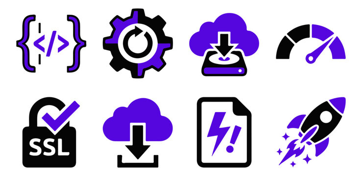 Software development and coding icon set with cloud download, automation, technology, innovation, performance and security symbols