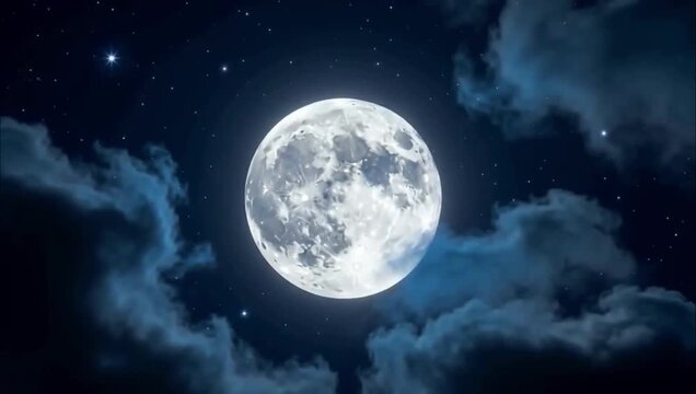 A bright full moon shining in the dark night sky surrounded by clouds.