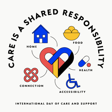 Care is a shared responsibility infographic vector illustration. Features central heart symbol connected to home, food, health, connection, and accessibility icons. Flat design for social campaigns.