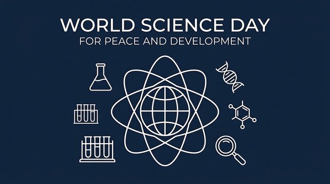 World Science Day illustration with linear laboratory icons and global atomic symbol on a dark blue background