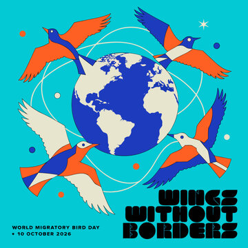 World Migratory Bird Day vector poster design. Features flying birds circling planet Earth globe with typography. Colorful flat illustration for environmental conservation awareness.