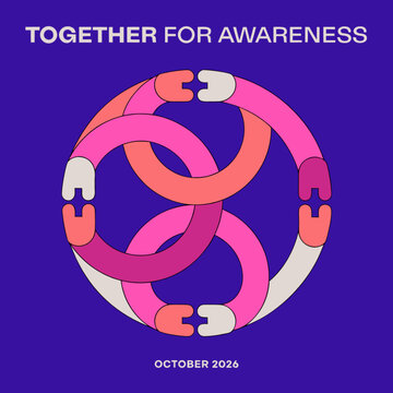 Together for awareness campaign poster vector illustration. Features intertwined pink ribbon loops and bold text on a purple background. Flat design graphic for health campaigns and support.