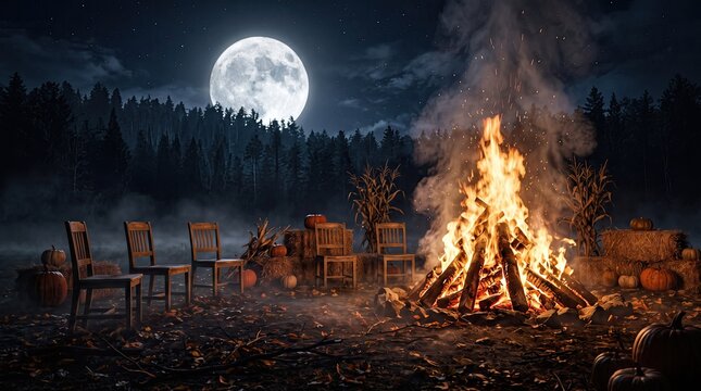 Halloween Campfire under a full moon in a forest at night
