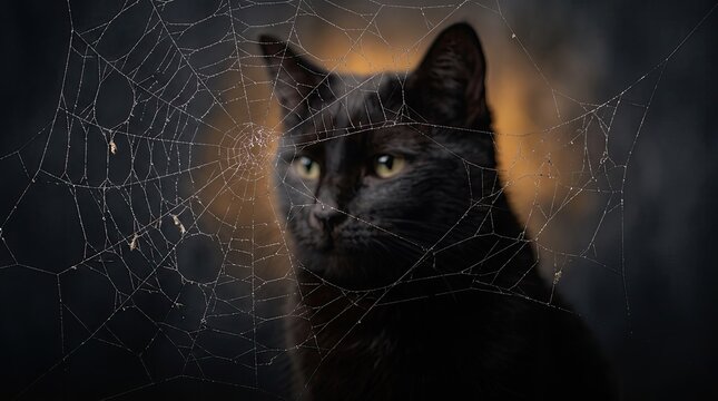 Halloween Black cat with orange ears looking mysterious at night
