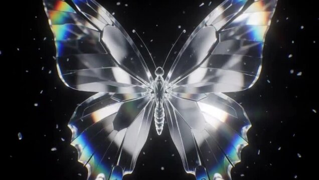 A beautiful 3D rendered glass butterfly with rainbow light refraction on a dark background.