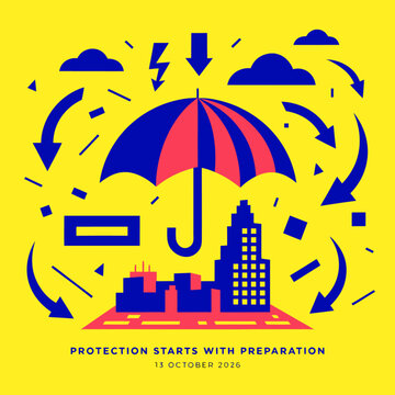 Protection starts with preparation concept vector. Umbrella shielding city skyline from arrows and storm clouds. Flat graphic design illustration for insurance and security.