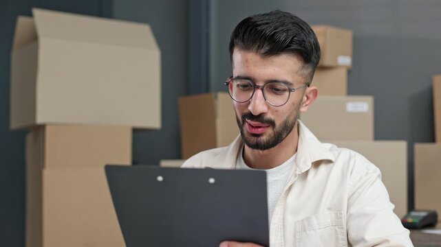 Focused man reviews documents with smile