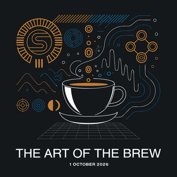Coffee cup vector illustration with abstract technology circuits. Features steam rising from hot beverage, futuristic diagrams, and typography. Modern graphic for cafe branding and events.