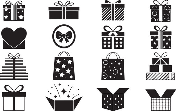 Collection of various gift box icons and shopping bags with ribbon bows for celebratory event themes