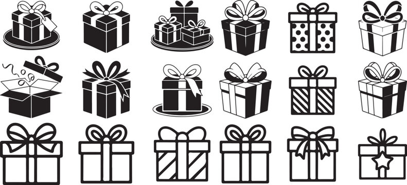 Festive collection of wrapped gift box icons with decorative ribbons and bows for holiday celebration occasions