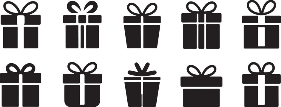 Detailed series of gift box icons with elegant bows and ribbons for commercial retail design projects
