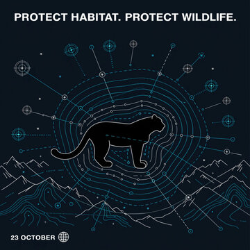 Snow leopard protection campaign poster vector design. Features wild cat silhouette, topographic map lines, and mountains. Digital wildlife conservation graphic for environmental causes.