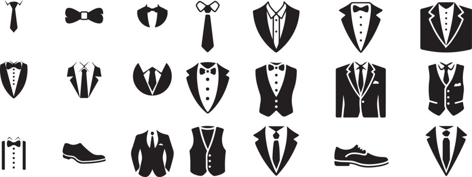 Formal menswear collection featuring black tuxedo suits bow ties neckties and elegant leather dress shoe icons