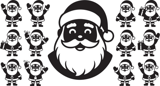 Group of happy santa claus character silhouettes in various poses for holiday greeting cards and designs