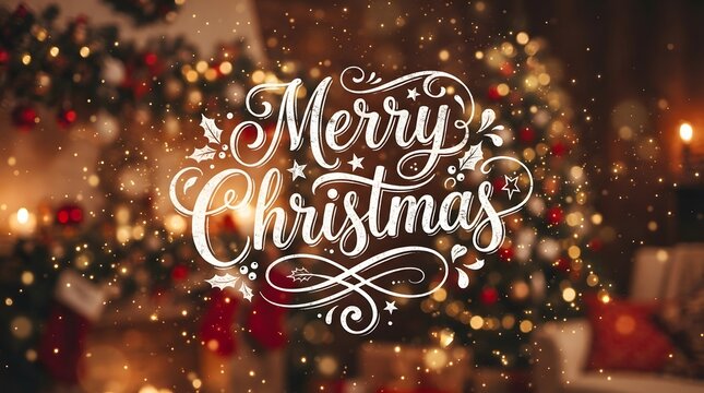 Elegant merry christmas calligraphy with blurred festive lights and gift background