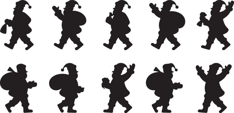 Series of santa claus silhouettes in various dynamic poses holding sack for holiday season festive designs