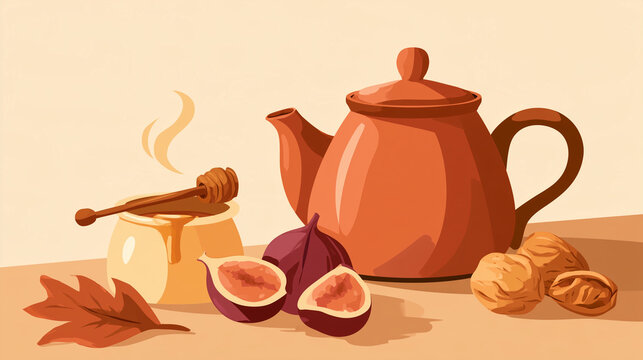 Cheerful flat vector illustration of a cozy autumn tea table, ceramic teapot with steam curl, honey pot with wooden dipper, fresh figs cut in half, few walnuts in their shells
