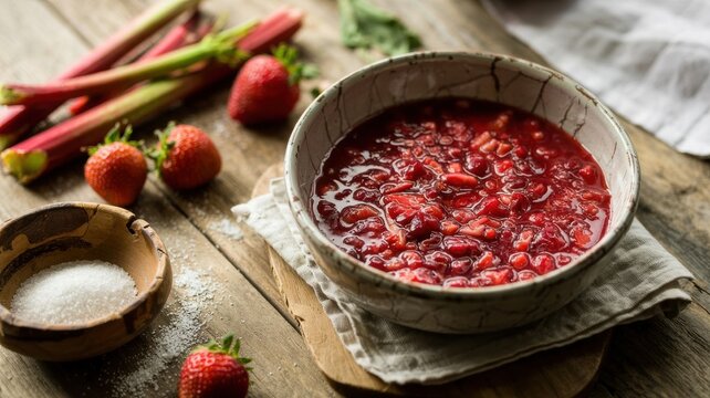 American cuisine: Strawberry Rhubarb Sauce &mdash; a sweet‑and‑sour sauce made from pieces of juicy rhubarb and ripe strawberries, which are simmered with sugar until they become slightly thickened.