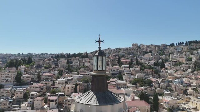 Aerial view of the city of Nazareth, showing the Basilica of the Annunciation and the houses adjacent to the Old City.