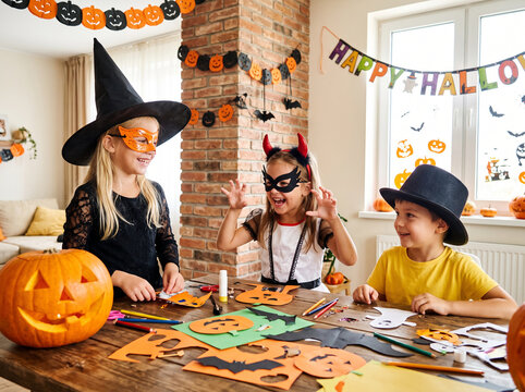 Kids celebrating Halloween with handmade masks and paper crafts around a table in a bright decorated home, children dressed as a witch, little devil and festive party character, Halloween activity, ch