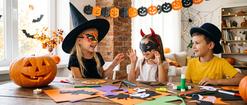 Kids celebrating Halloween with handmade masks and paper crafts around a table in a bright decorated home, children dressed as a witch, little devil and festive party character, Halloween activity, ch