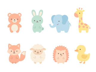 Obraz premium Adorable collection of eight cartoon baby animals bear, bunny, elephant, giraffe, fox, sheep, hedgehog, and duck illustrations perfect for children's designs