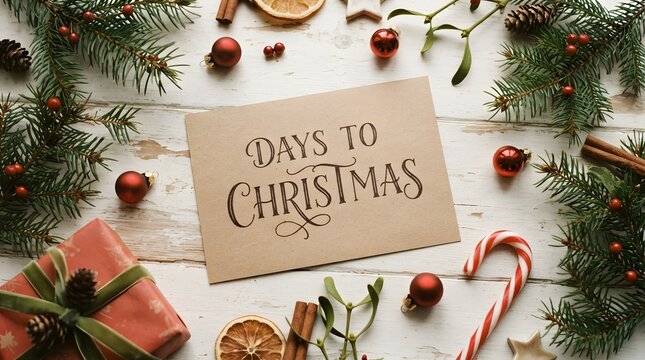 Flat lay of christmas decorations with a festive greeting card and seasonal elements