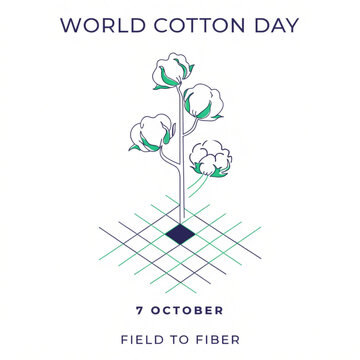 World Cotton Day banner with isometric cotton plant and grid floor. Features text October 7 and Field to Fiber. Clean line art graphic design for agricultural awareness and textile industry.