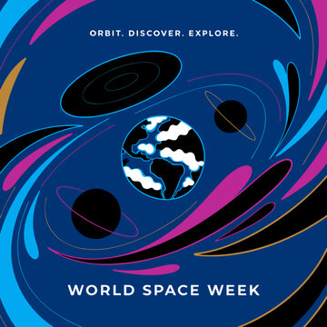World Space Week planet Earth vector illustration. Features orbit lines, stars, and abstract galaxy shapes. Creative cosmic design for aerospace education and astronomy events.