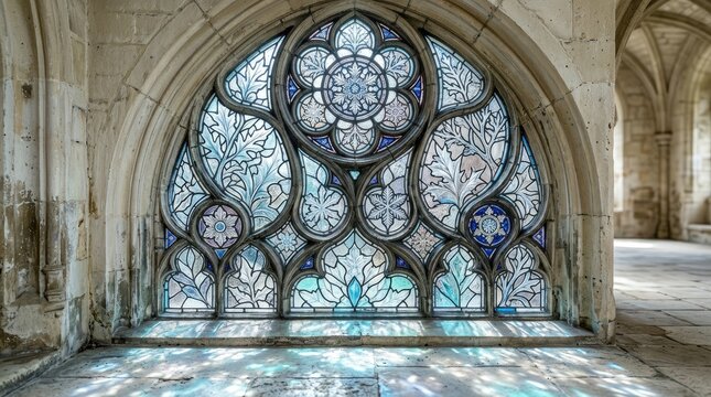 Ornate Gothic stained glass window in a historic stone abbey
