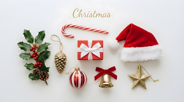 Festive christmas arrangement with gifts santa hat and winter foliage on white background